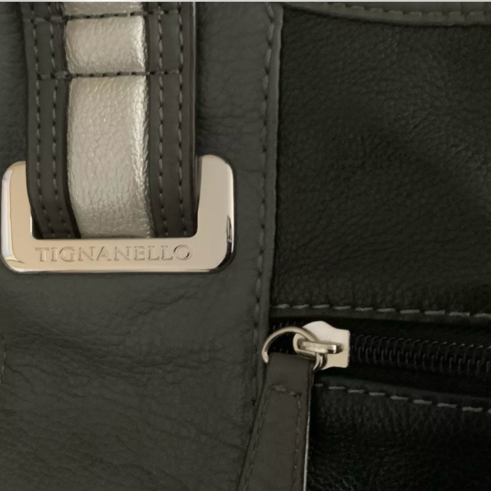 Tignanello Black Silver Gray Leather Handbag - Picture 4 of 10